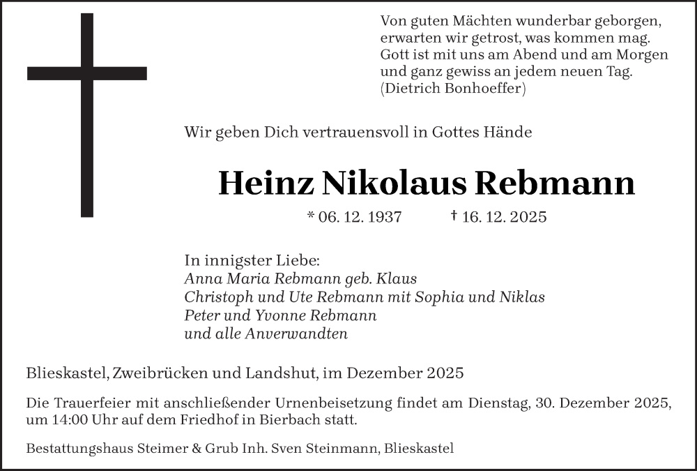  Traueranzeige für Heinz Nikolaus Rebmann vom 20.12.2025 aus saarbruecker_zeitung