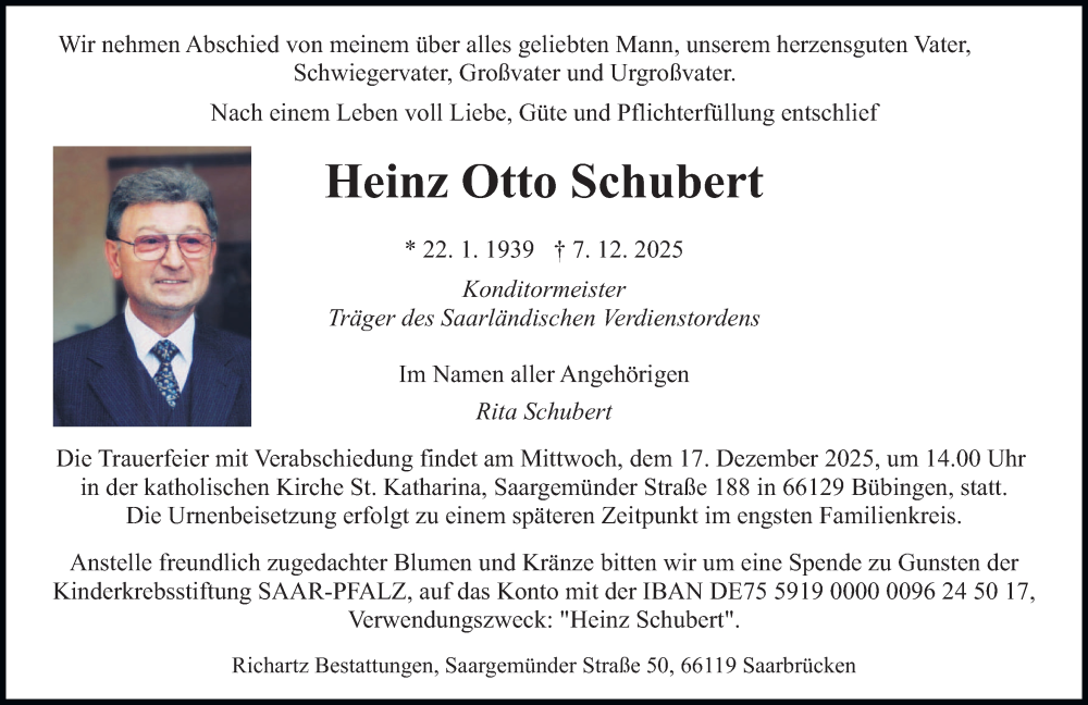  Traueranzeige für Heinz Otto Schubert vom 13.12.2025 aus saarbruecker_zeitung