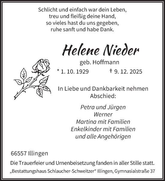 Traueranzeige von Helene Nieder von saarbruecker_zeitung