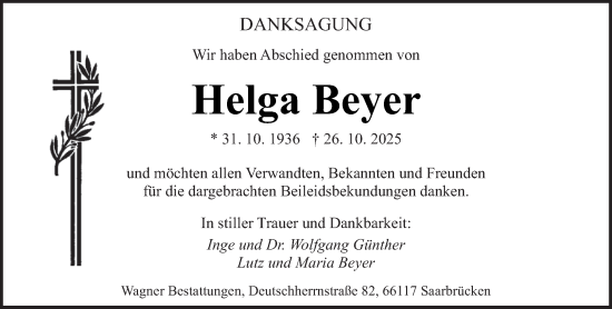 Traueranzeige von Helga Beyer von saarbruecker_zeitung