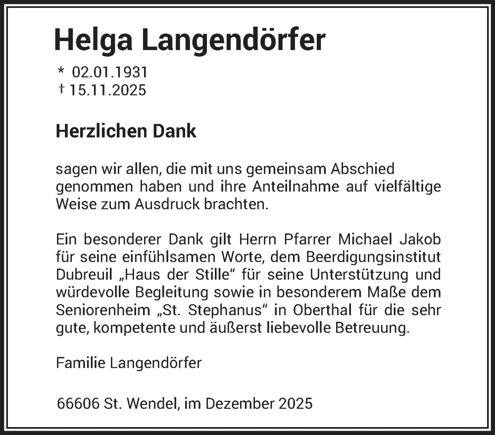  Traueranzeige für Helga Langendörfer vom 20.12.2025 aus saarbruecker_zeitung