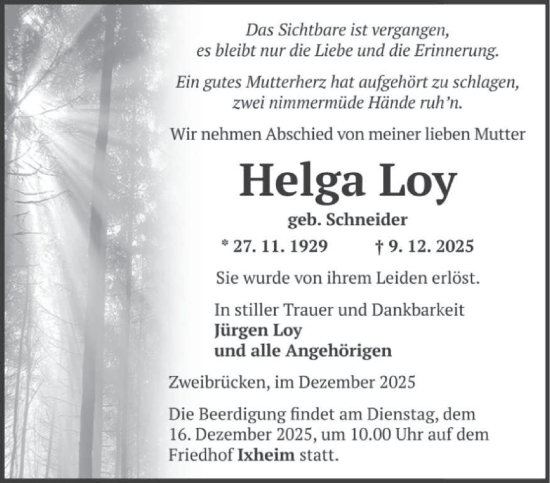 Traueranzeige von Helga Loy von saarbruecker_zeitung