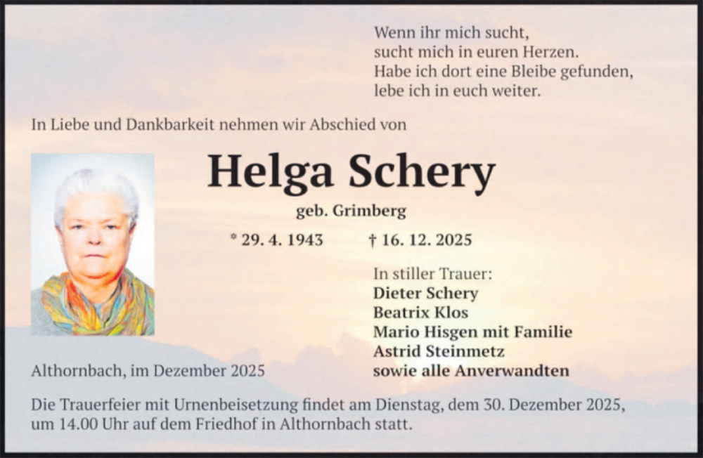 Traueranzeige für Helga Schery vom 27.12.2025 aus saarbruecker_zeitung