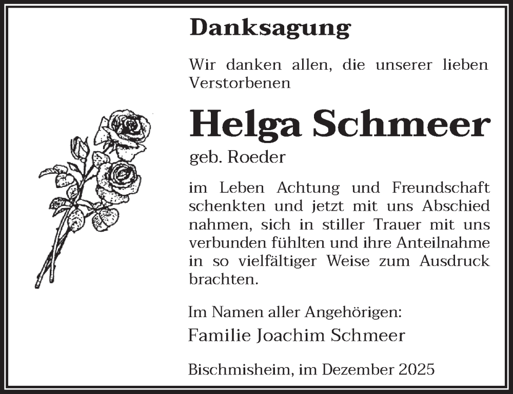  Traueranzeige für Helga Schmeer vom 06.12.2025 aus saarbruecker_zeitung