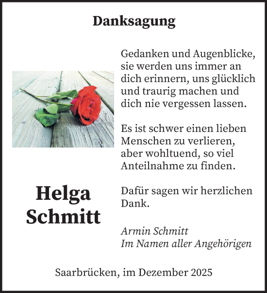 Traueranzeige von Helga Schmitt von saarbruecker_zeitung