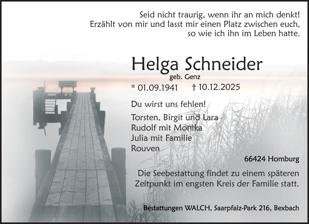  Traueranzeige für Helga Schneider vom 20.12.2025 aus saarbruecker_zeitung