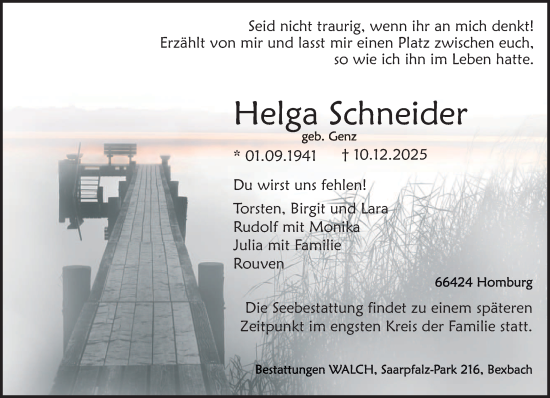 Traueranzeige von Helga Schneider von saarbruecker_zeitung