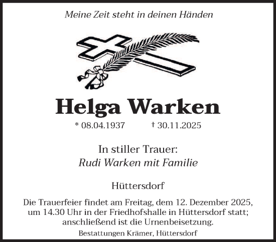 Traueranzeige von Helga Warken von saarbruecker_zeitung