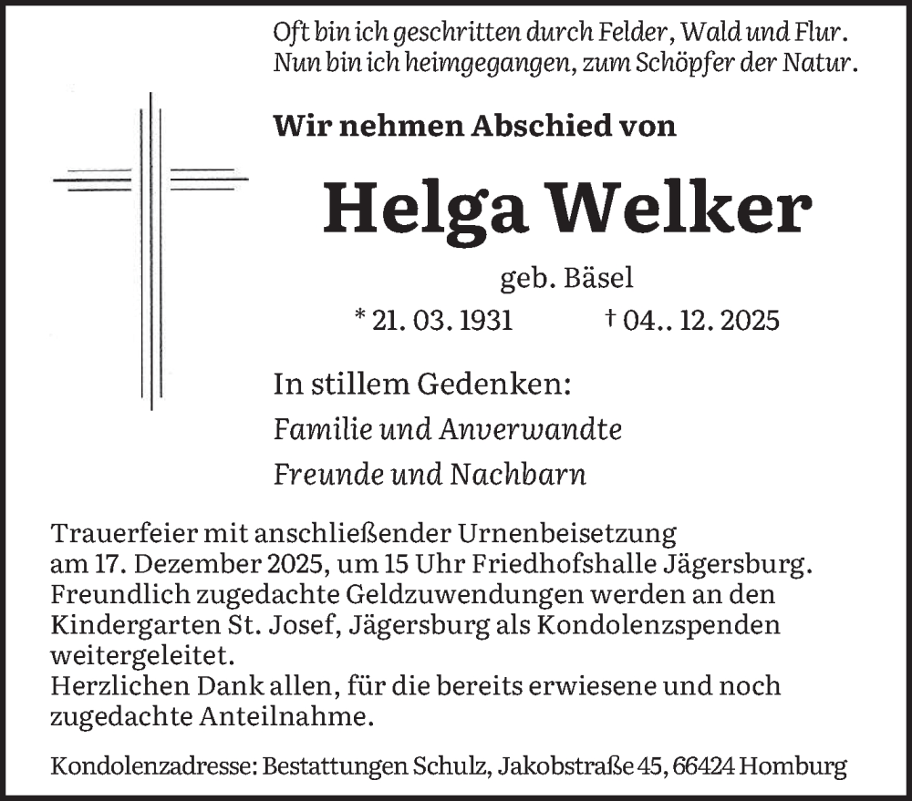  Traueranzeige für Helga Welker vom 13.12.2025 aus saarbruecker_zeitung