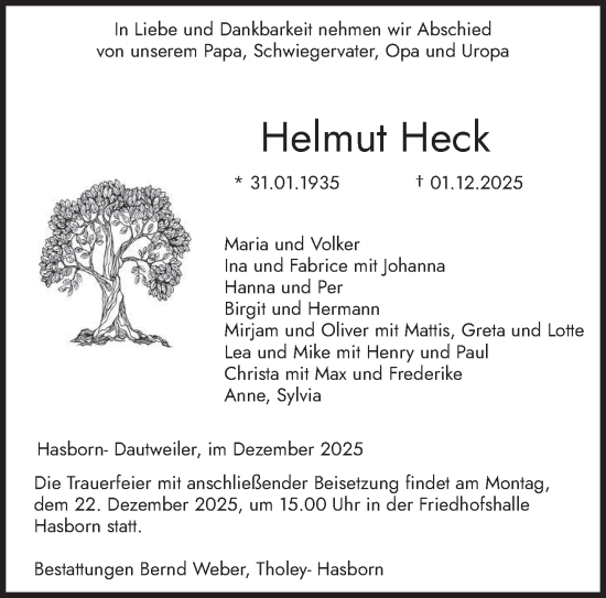 Traueranzeige von Helmut Heck von saarbruecker_zeitung