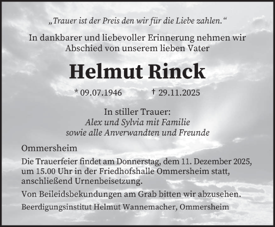 Traueranzeige von Helmut Rinck von saarbruecker_zeitung