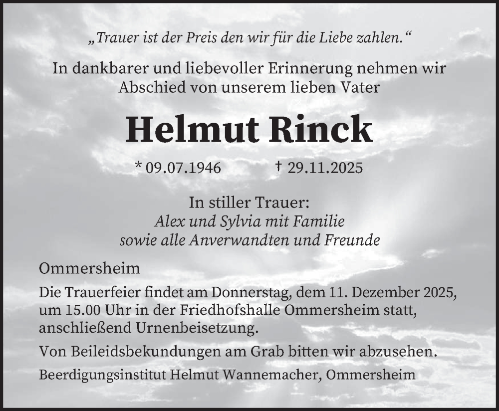 Traueranzeige für Helmut Rinck vom 06.12.2025 aus saarbruecker_zeitung