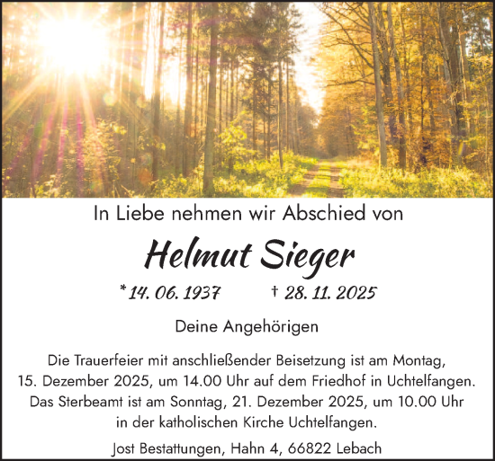 Traueranzeige von Helmut Sieger von saarbruecker_zeitung