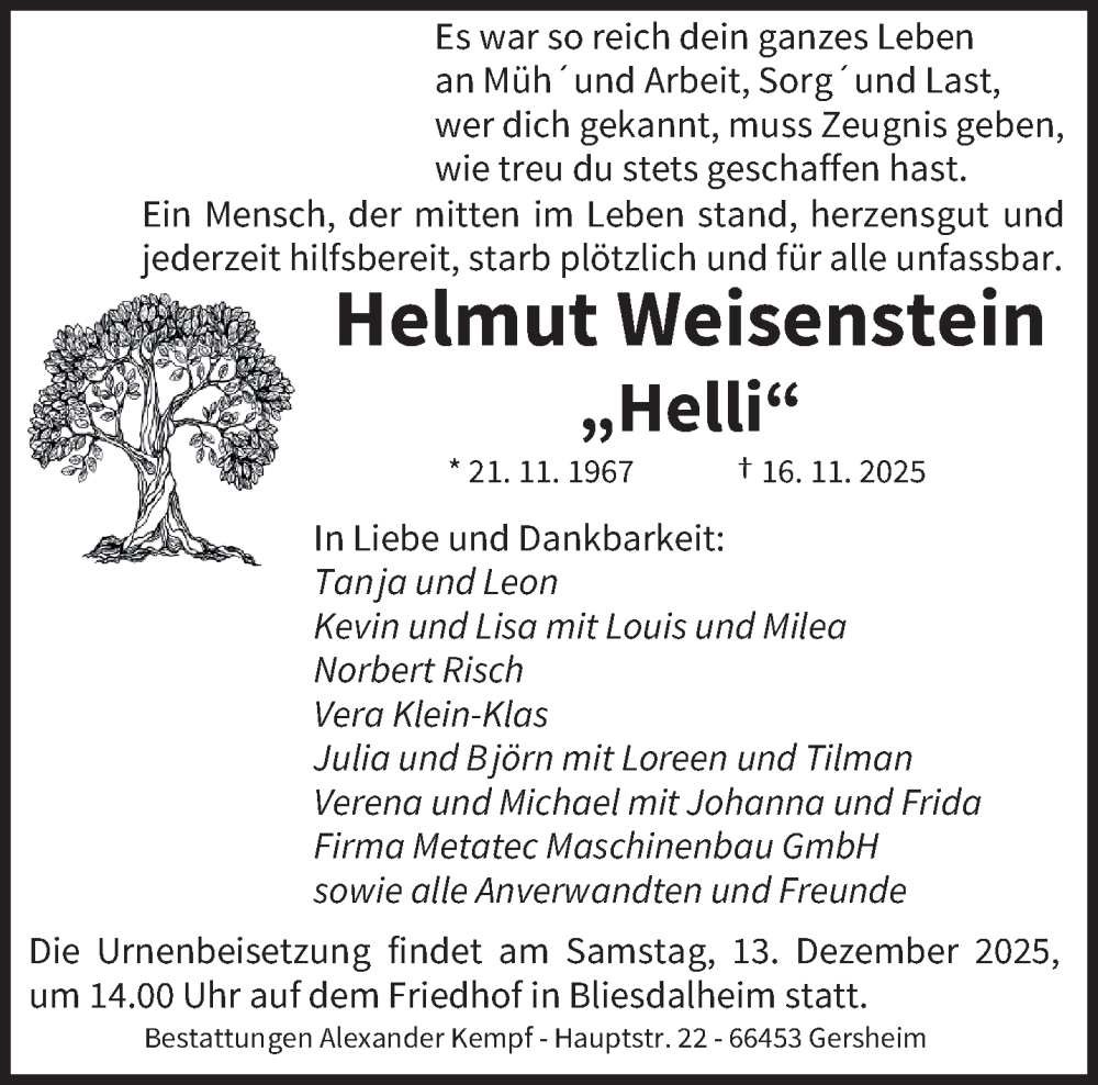 Traueranzeige für Helmut Weisenstein vom 10.12.2025 aus saarbruecker_zeitung