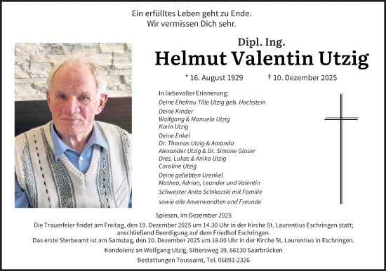 Traueranzeige von Helmut Valentin Utzig von saarbruecker_zeitung