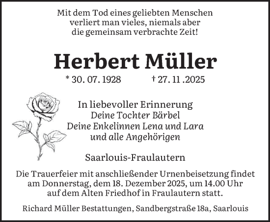 Traueranzeige von Herbert Müller von saarbruecker_zeitung