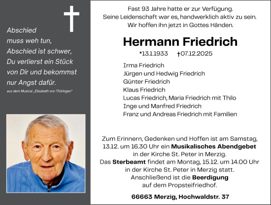 Traueranzeige von Hermann Friedrich von saarbruecker_zeitung