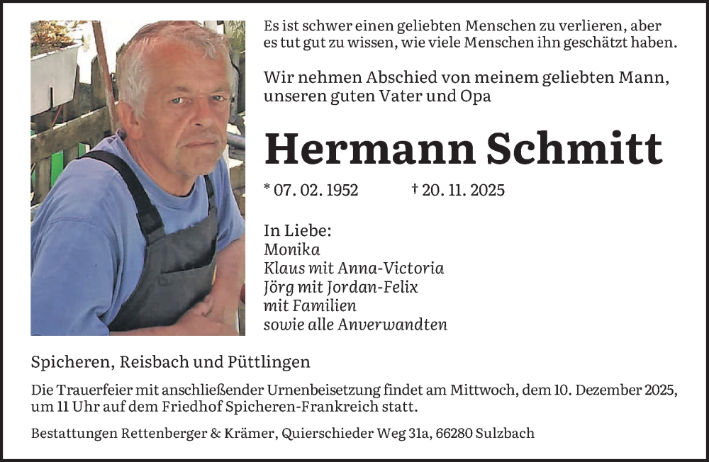  Traueranzeige für Hermann Schmitt vom 06.12.2025 aus saarbruecker_zeitung