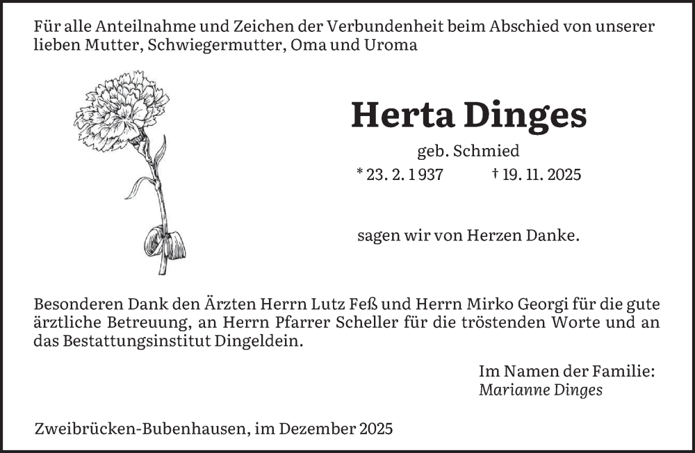  Traueranzeige für Herta Dinges vom 27.12.2025 aus saarbruecker_zeitung