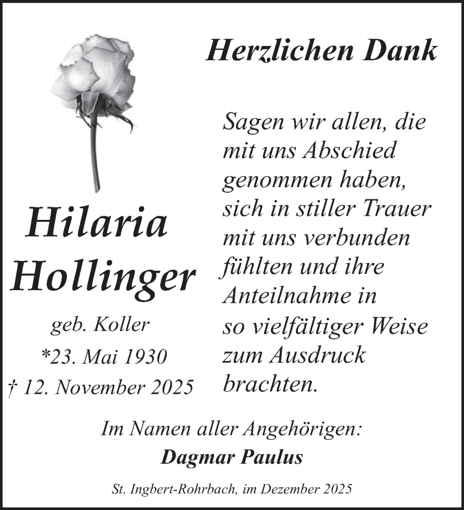  Traueranzeige für Hilaria Hollinger vom 20.12.2025 aus saarbruecker_zeitung
