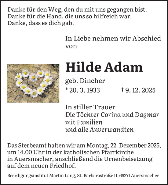 Traueranzeige von Hilde Adam von saarbruecker_zeitung