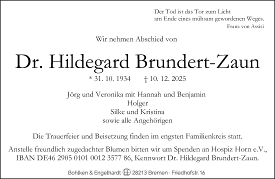 Traueranzeige von Hildegard Brundert-Zaun von saarbruecker_zeitung