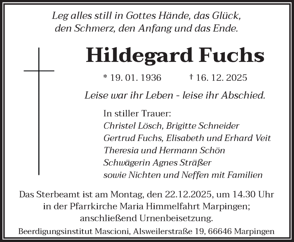  Traueranzeige für Hildegard Fuchs vom 20.12.2025 aus saarbruecker_zeitung