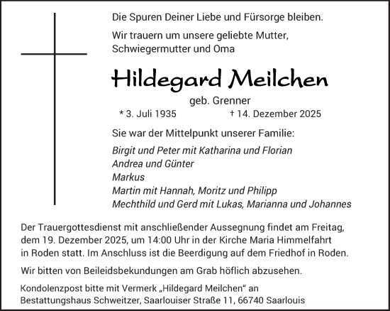 Traueranzeige von Hildegard Meilchen von saarbruecker_zeitung