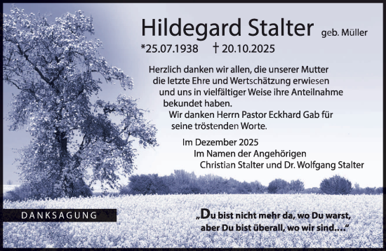 Traueranzeige von Hildegard Stalter von saarbruecker_zeitung