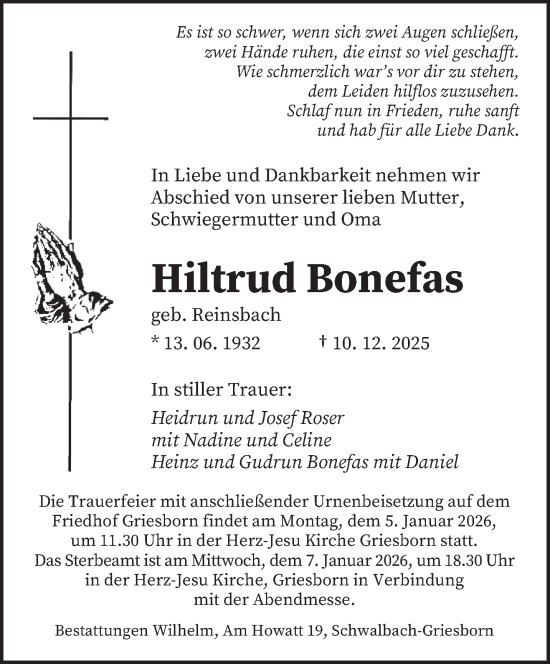 Traueranzeige von Hiltrud Bonefas von saarbruecker_zeitung