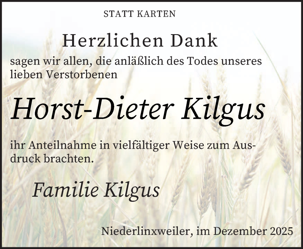  Traueranzeige für Horst-Dieter Kilgus vom 30.12.2025 aus saarbruecker_zeitung