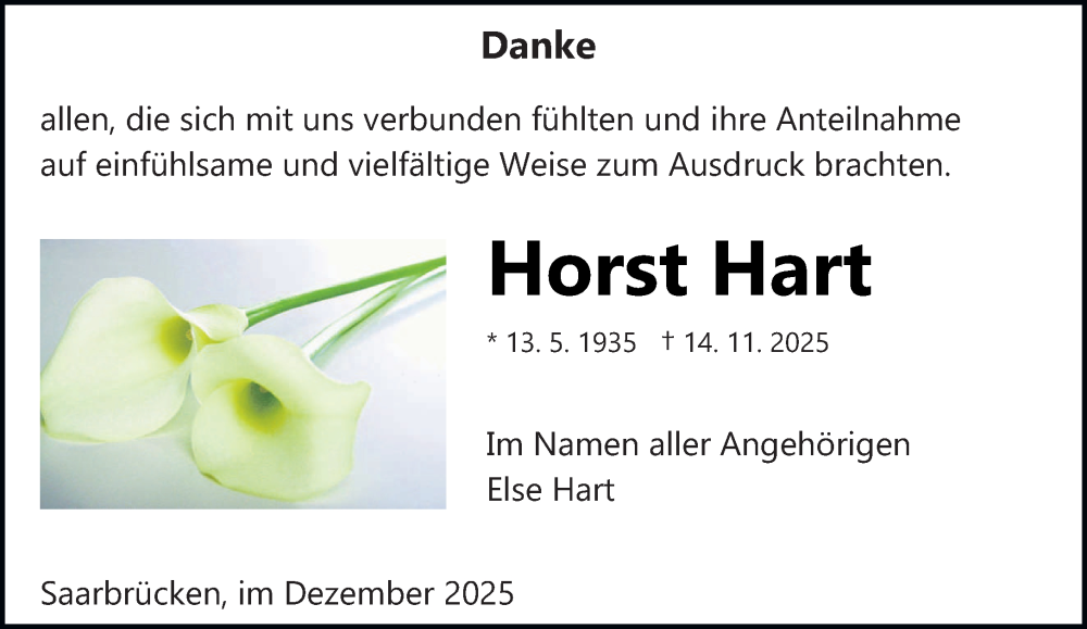 Traueranzeige für Horst Hart vom 13.12.2025 aus saarbruecker_zeitung