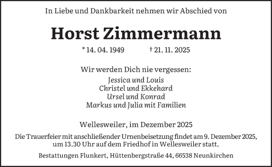 Traueranzeige von Horst Zimmermann von saarbruecker_zeitung