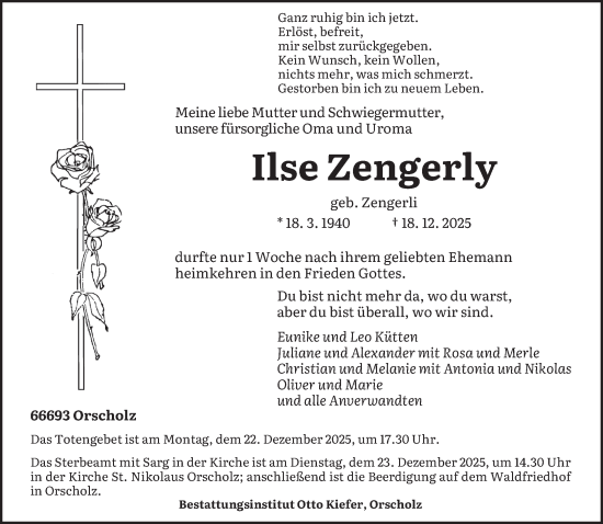Traueranzeige von Ilse Zengerly von saarbruecker_zeitung