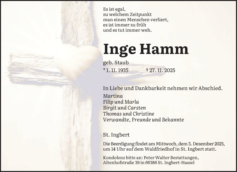  Traueranzeige für Inge Hamm vom 02.12.2025 aus saarbruecker_zeitung