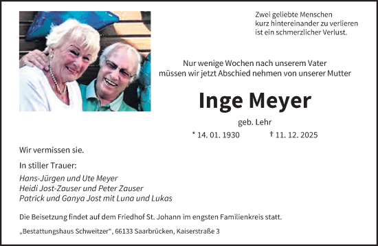 Traueranzeige von Inge Meyer von saarbruecker_zeitung