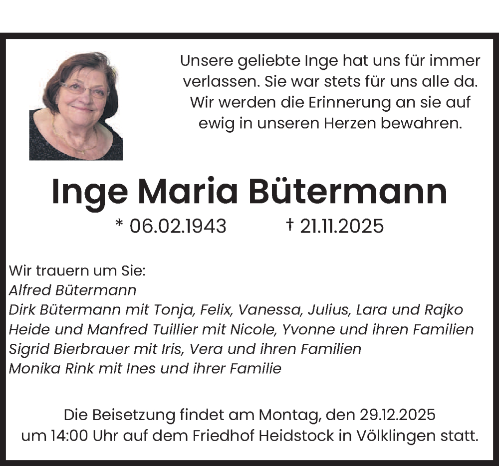  Traueranzeige für Inge Maria Bütermann vom 20.12.2025 aus saarbruecker_zeitung