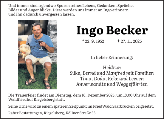 Traueranzeige von Ingo Becker von saarbruecker_zeitung