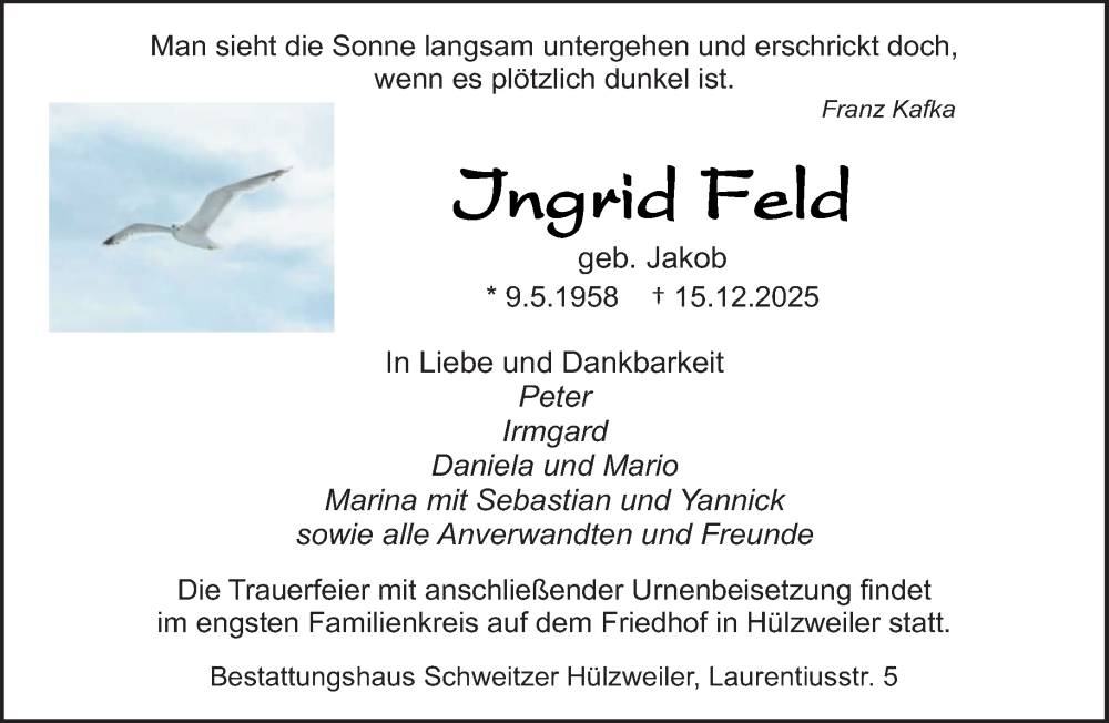  Traueranzeige für Ingrid Feld vom 20.12.2025 aus saarbruecker_zeitung