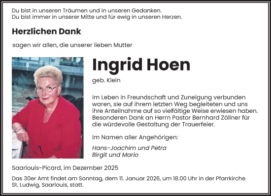 Traueranzeige von Ingrid Hoen von saarbruecker_zeitung