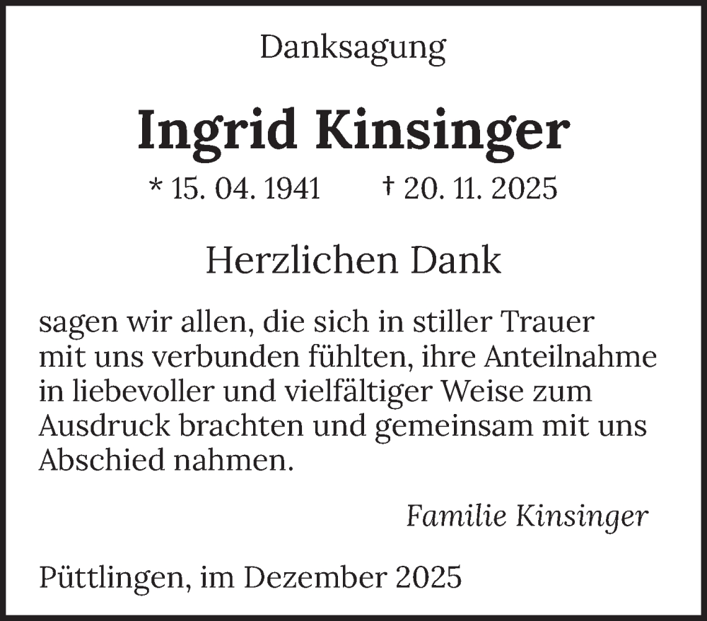  Traueranzeige für Ingrid Kinsinger vom 06.12.2025 aus saarbruecker_zeitung