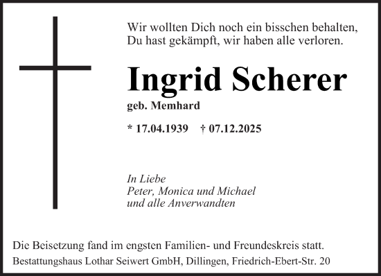 Traueranzeige von Ingrid Scherer von saarbruecker_zeitung