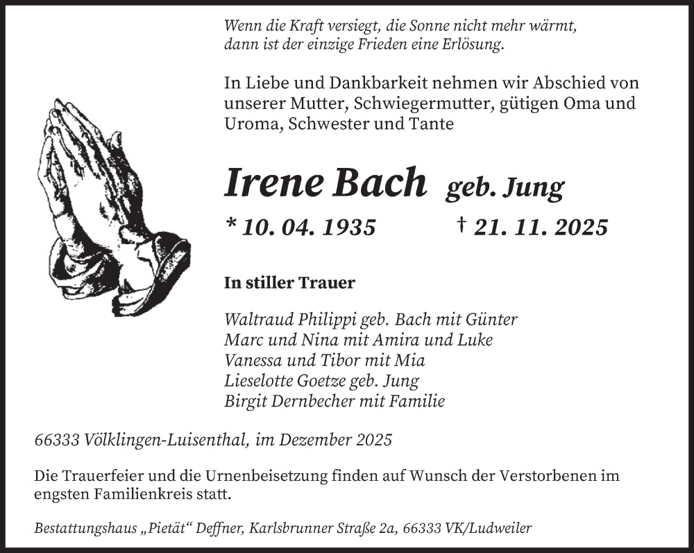  Traueranzeige für Irene Bach vom 06.12.2025 aus saarbruecker_zeitung