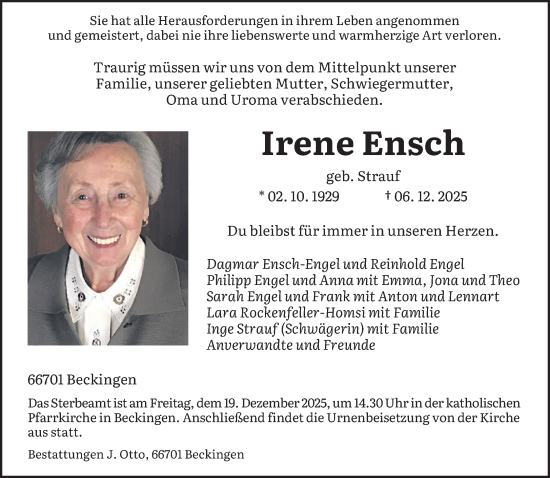 Traueranzeige von Irene Ensch von saarbruecker_zeitung