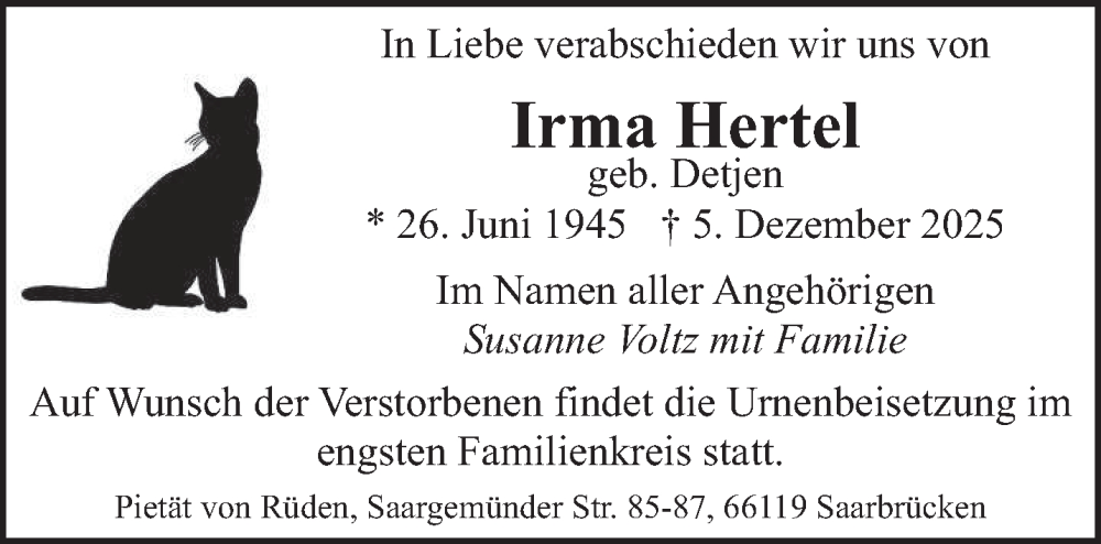  Traueranzeige für Irma Hertel vom 13.12.2025 aus saarbruecker_zeitung