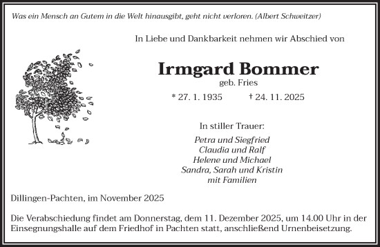 Traueranzeige von Irmgard Bommer von saarbruecker_zeitung