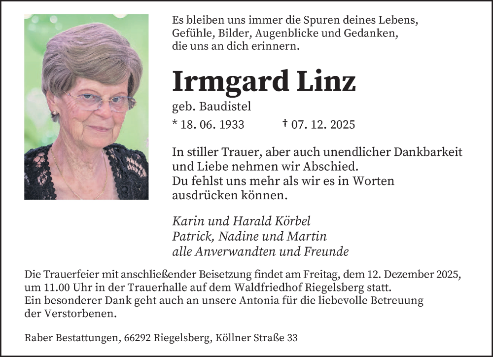  Traueranzeige für Irmgard Linz vom 10.12.2025 aus saarbruecker_zeitung