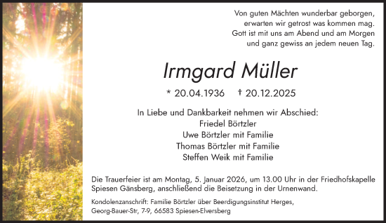 Traueranzeige von Irmgard Müller von saarbruecker_zeitung