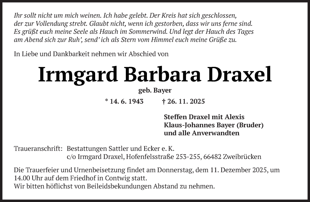  Traueranzeige für Irmgard Barbara Draxel vom 08.12.2025 aus saarbruecker_zeitung