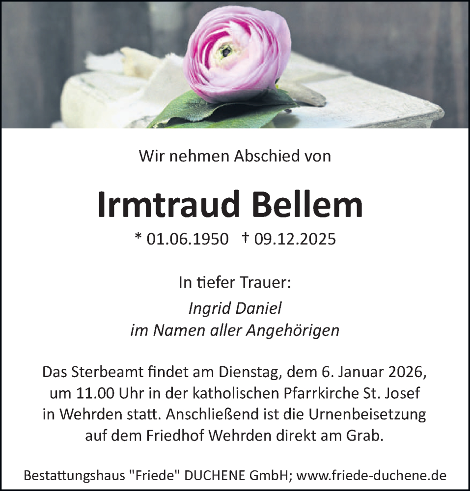  Traueranzeige für Irmtraud Bellem vom 27.12.2025 aus saarbruecker_zeitung